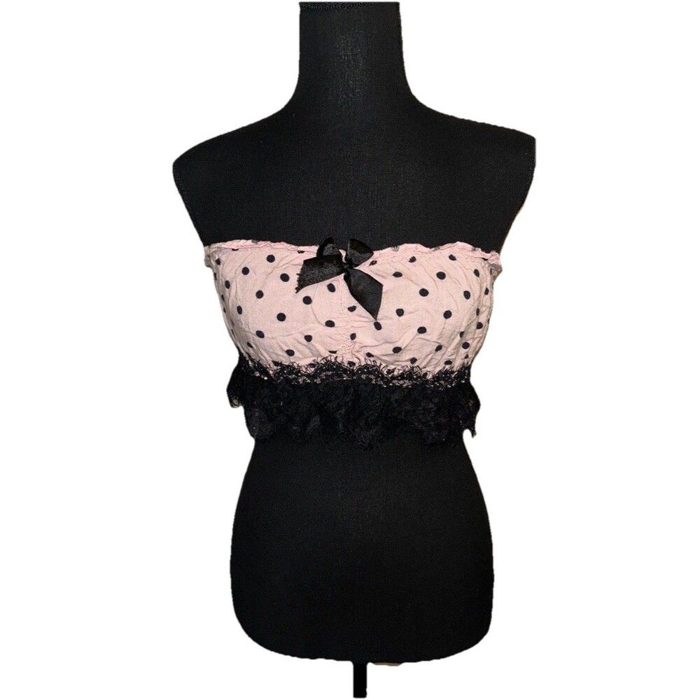 Strapless Medium Bandeau Polka Dot Pink & Black Bow Tube Top With Lace Trim